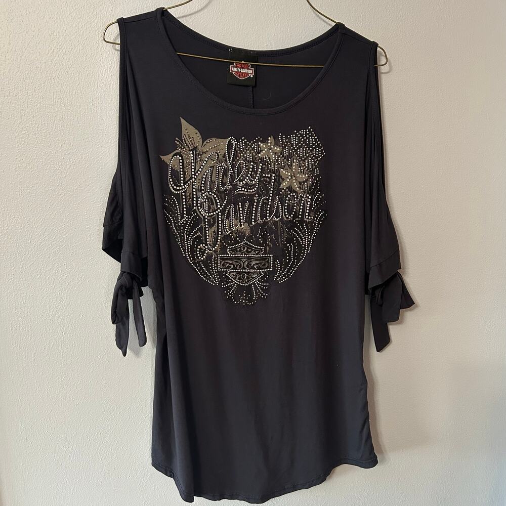 Harley-Davidson Rhinestone Embellished Split Tied Sleeve Women's Sz XL